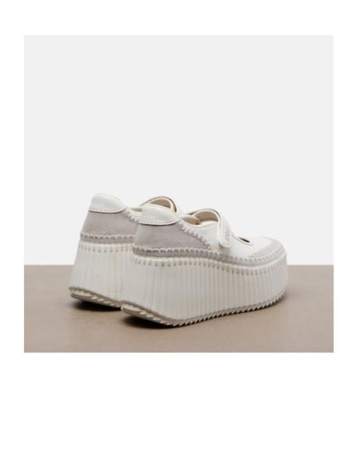 Chloé White Nama Suede-Trimmed Leather Platform Sneakers