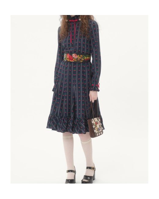 Valentino Blue Crepe De Chine Midi Skirt With Cherryfic Print