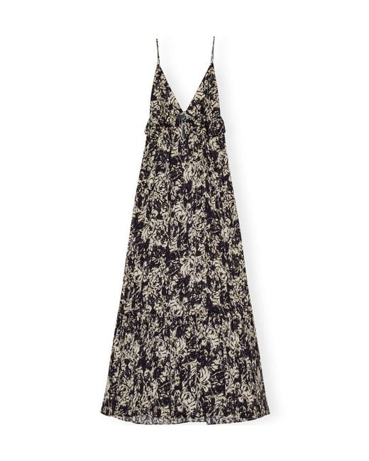 Ganni White Flan Printed Satin Strap Dress