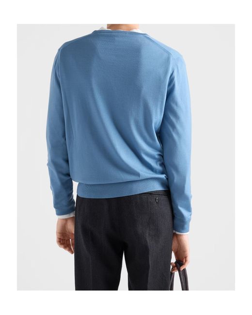 Prada Blue Superfine Wool Crew-Neck Sweater for men