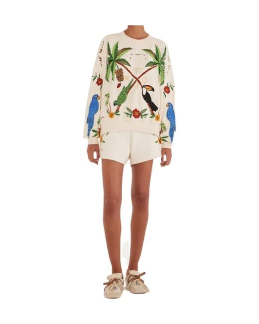 Farm Rio White Bird-Embroidered Sweatshirt