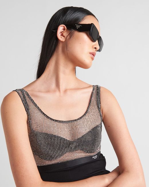Prada Gray Embellished Mesh Cropped Top