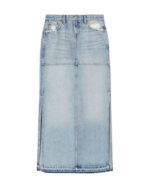 Re/done Blue Side-Slit Distressed Denim Maxi Skirt