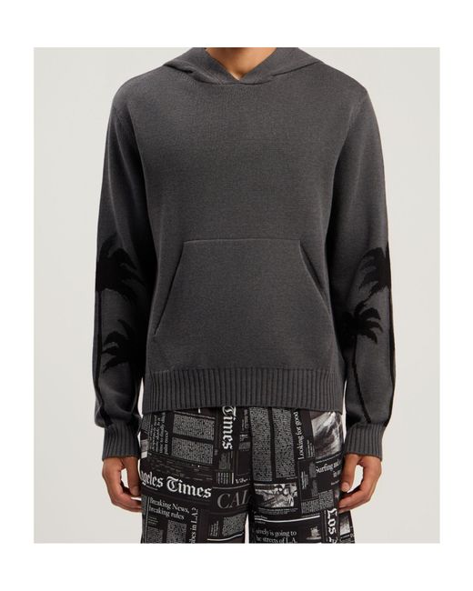 Palm Angels Gray Palm-Print Hooded Jumper for men