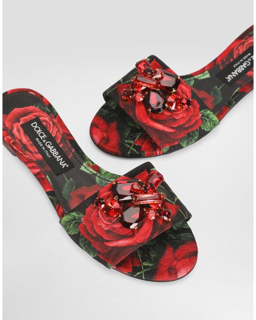 Dolce & Gabbana Red Rose-Print Brocade Flat Slides