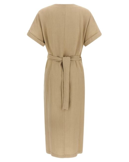 Brunello Cucinelli Natural V-Neck Short Sleeved Dress