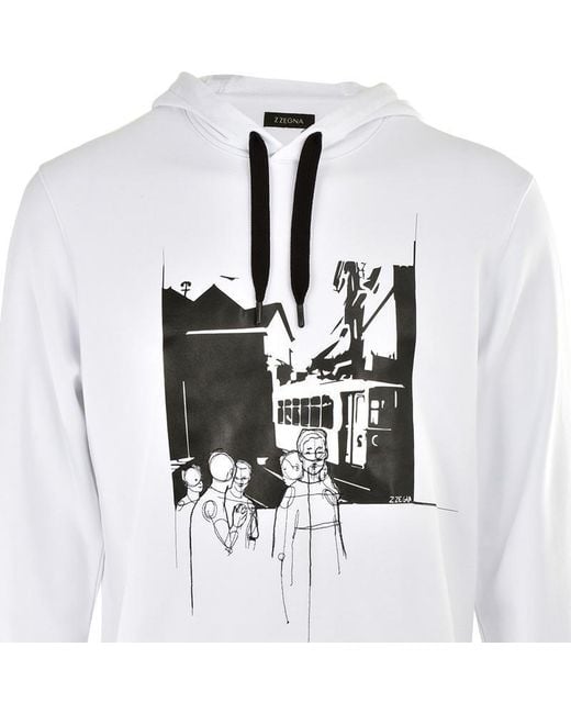 Zegna White Pattern Printed Hooded Sweater for men