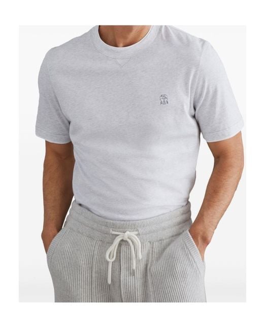 Brunello Cucinelli White Logo Embroidered Layered T-Shirt for men