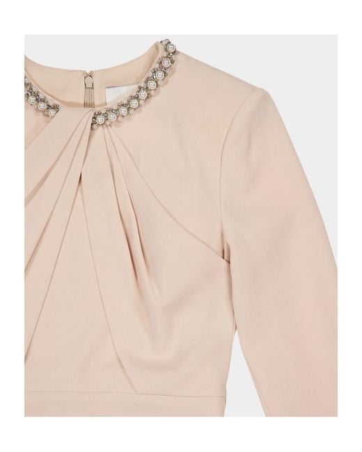 Roland Mouret Natural Twisted Drape Pearl-Trim Dress