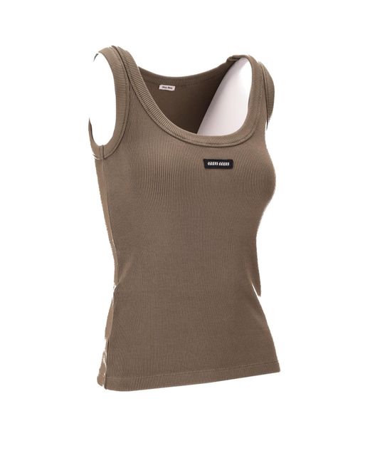 Miu Miu Brown Logo Patch Ribbed-Knit Tank Top