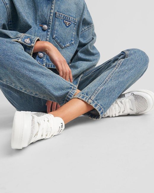 Prada White Crystal Leather Sneakers
