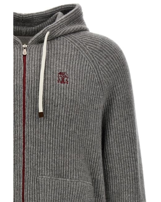 Brunello Cucinelli Gray Embroidered Logo Cashmere Cardigan for men
