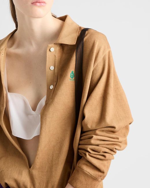 Prada Natural Long-Sleeved Cotton Piqué Polo Shirt