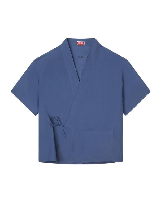 KENZO Blue Kimono Short Sleeve Shirt for men