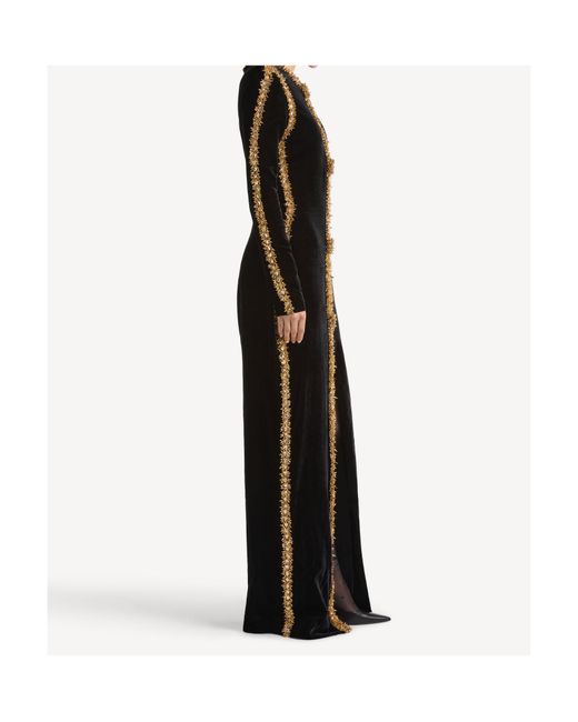 Balmain Black Long Velvet Dress With Embroidered Trim