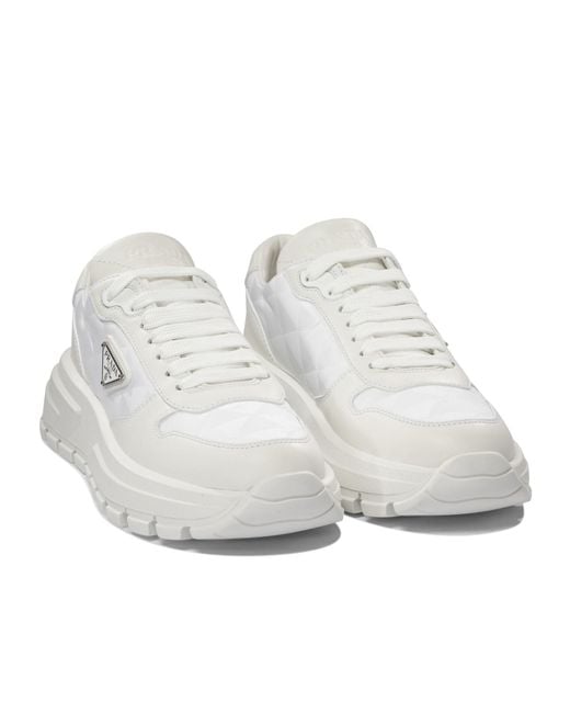 Prada White Triangle-Logo Round-Toe Lace-Up Sneakers