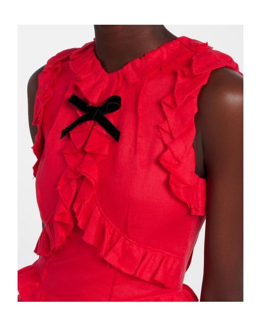 ShuShu/Tong Red Bow-Detail Ruffled Linen Midi Dress