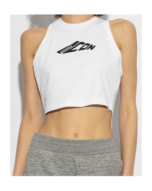 DSquared² White Icon Printed Cropped Tank Top