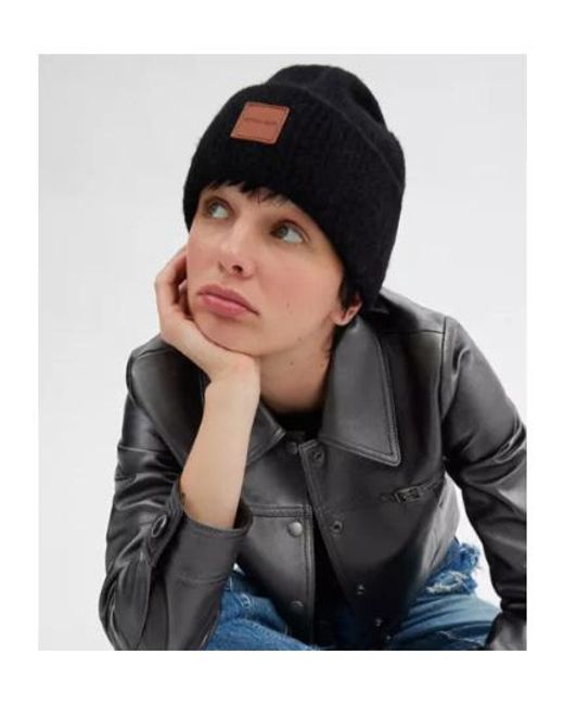 COACH Black Knit Beanie With Leather Patch for men