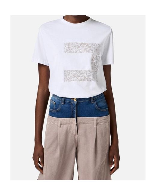 Elisabetta Franchi White Macro Logo Voile Jersey T-Shirt