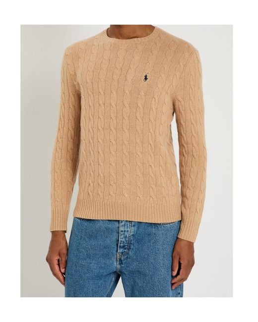 Polo Ralph Lauren Natural Cable Knit Wool-Cashmere Blend Sweater With Logo for men