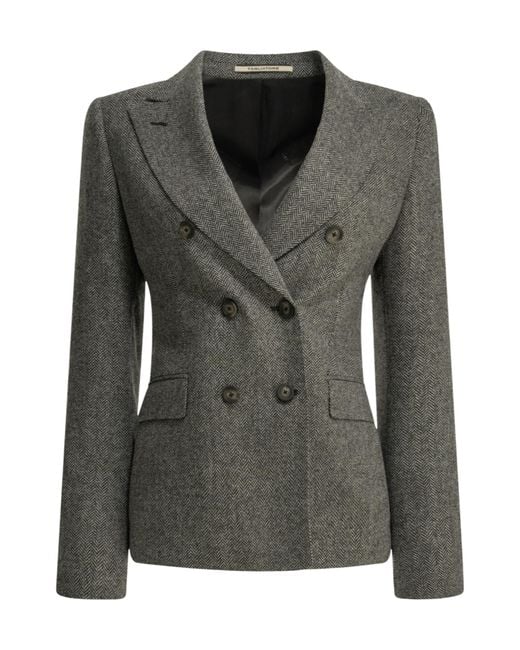 Tagliatore Black Double-Breasted Herringbone Blazer