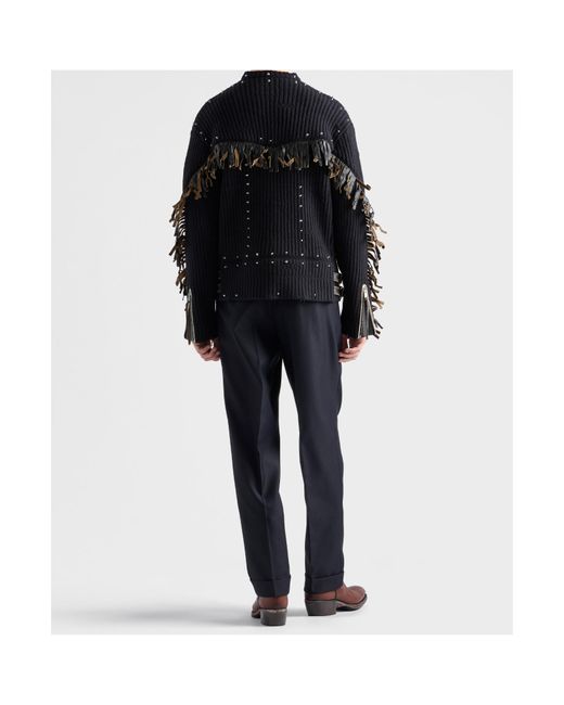 Prada Black Wool Crew-Neck Sweater With Fringe And Studs for men