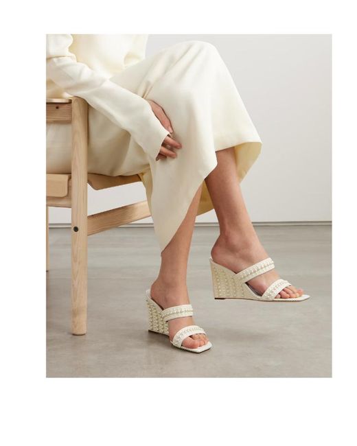 Jimmy Choo White Pearl-Embellished Satin Wedge Sandals