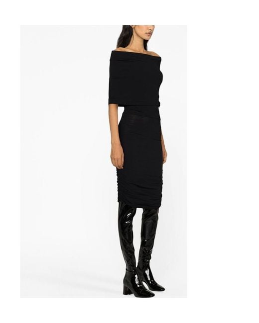 Khaite Black Over-The-Shoulder Ruched Midi Dress