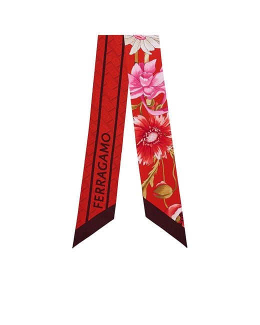 Ferragamo Red Floral Print Scarf