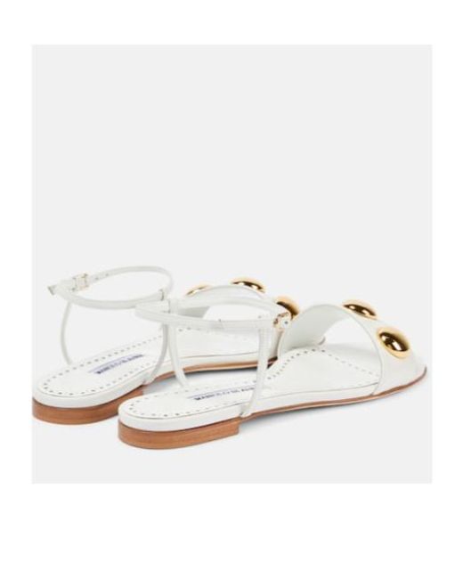 Manolo Blahnik White Chaouhen Embellished Leather Sandals