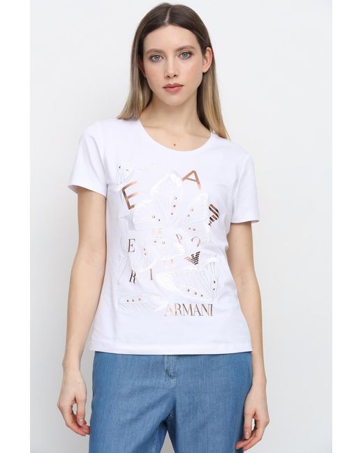 EA7 White Item O-Neck Short-Sleeved T-Shirt