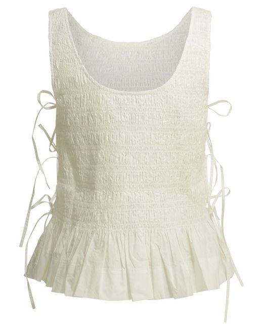 Ganni White Smocked Tie-Side Top