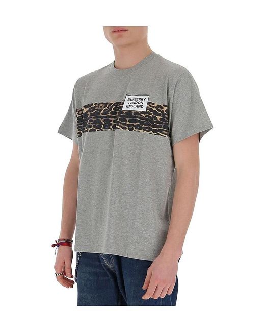 Burberry Gray Logo Leopard Print T-Shirt for men