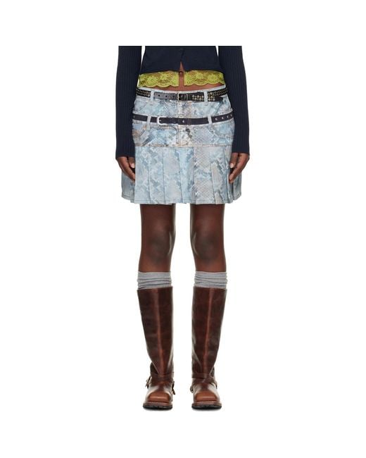 ANDERSSON BELL Blue Python Print Faded Denim Mini Skirt