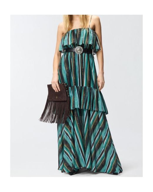 Pinko Green Brushed Striped Printed Long Muslin Dress