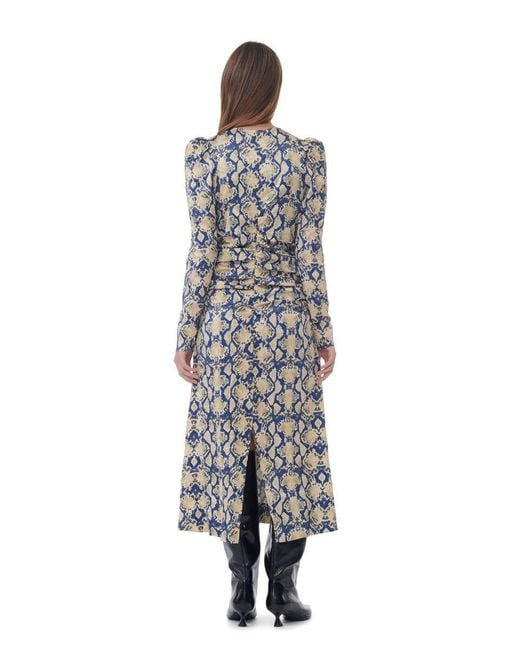 Ganni Multicolor Snake Printed Crinkled Satin O-Neck Midi Dress