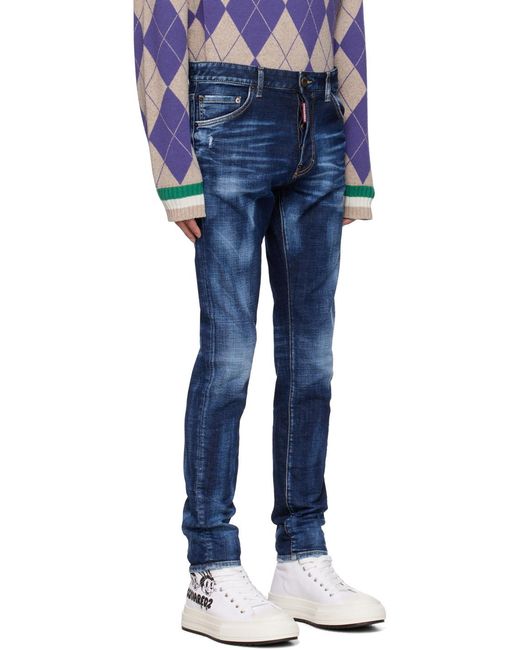 DSquared² Blue Logo Patch Distressed Slim Fit Jeans for men