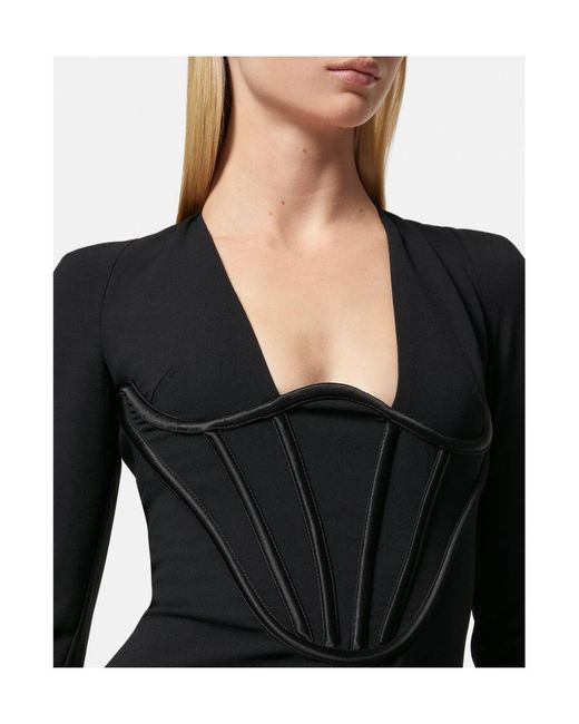 Versace Black Corset-Effect V-Neck Cocktail Dress