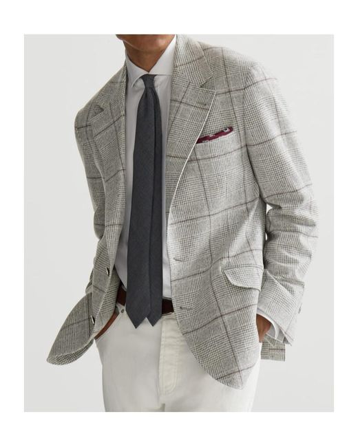 Brunello Cucinelli Gray Silk, Wool And Cashmere Prince-Of-Wales Flannel Deconstructed Cavallo Blazer With Metal Buttons for men