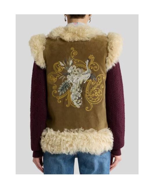 Etro Natural Shearling Waistcoat With Peacock Embroidery