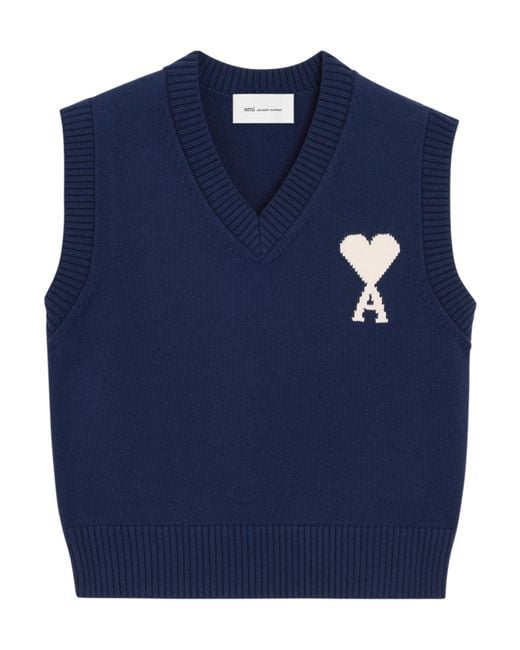 AMI Blue Wool And Cotton Sleeveless Ami De Coeur Sweater