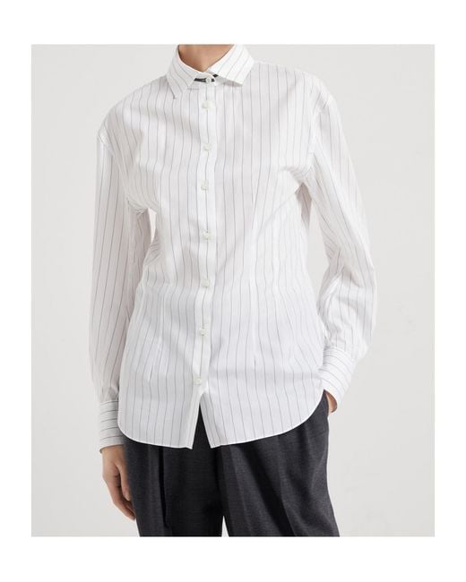 Brunello Cucinelli White Striped Collared Long-Sleeve Shirt
