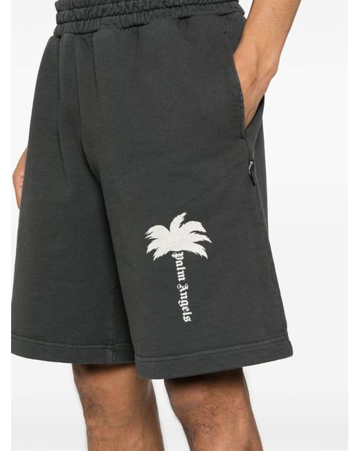 Palm Angels Gray Palm Tree-Printed Elasticated Waist Track Shorts for men