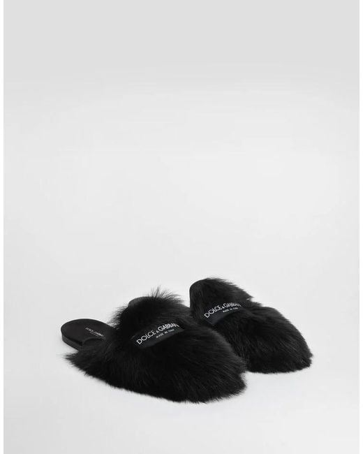 Dolce & Gabbana Black Shearling Slippers