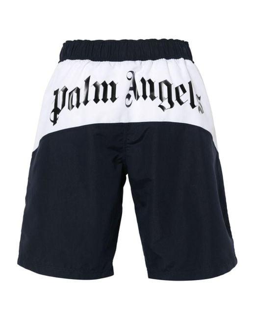 Palm Angels Blue Logo Printed Elastic Waist Swim Shorts for men