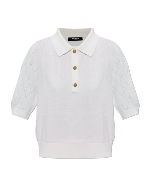 Balmain White Knitted 3-Button Polo Shirt