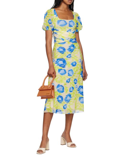 Ganni White Printed Mesh Puff Sleeved Midi Dress