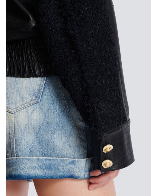 Balmain Black Tweed-Trim Leather Jacket