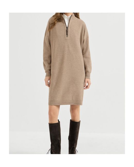 Brunello Cucinelli Natural Virgin Wool, Cashmere And Silk Rib-Knit Dress With Precious Half-Zip